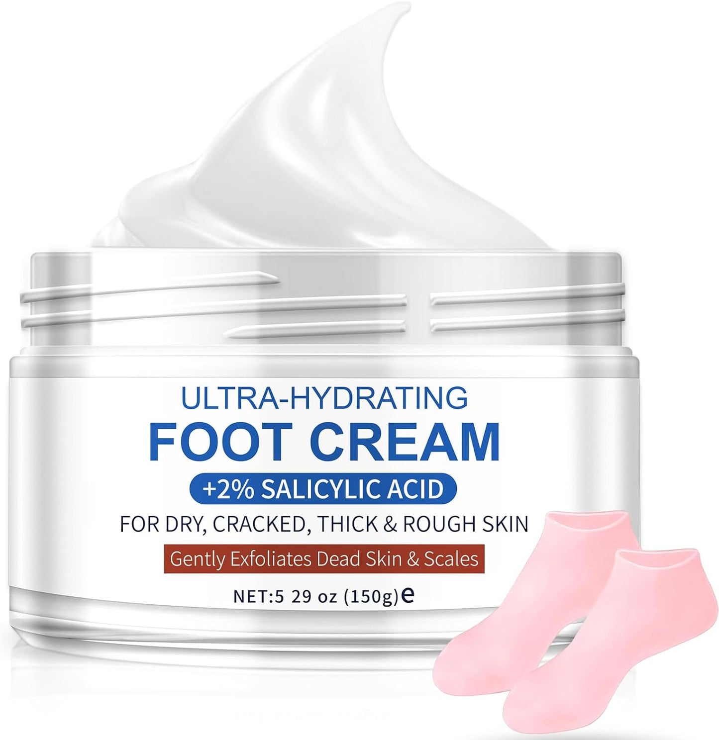 Ultra-Hydrating Foot Cream for Dry Cracked Heels and Feet, Pair with Silicone Socks for Cracked Heel Treatment, Silicone Socks Included (Urea Conc. 40.67%, 5.29 OZ/150g)
