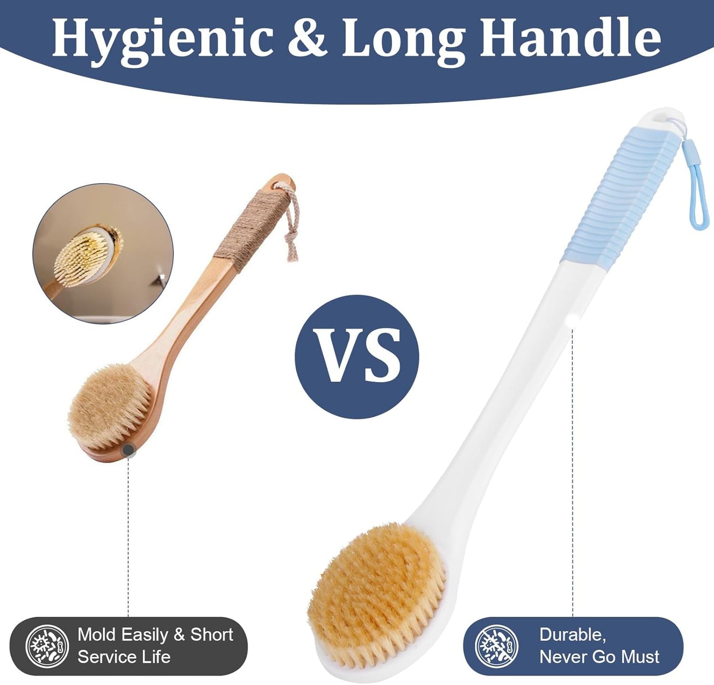 Back Scrubber for Shower, Shower Body Brush for Cleaning with Long Handle for Showering, 17 Inch Back Washer Exfoliator for Shower Men Women with Non-Slip Handle, Adhesive Hook (Lake Blue)