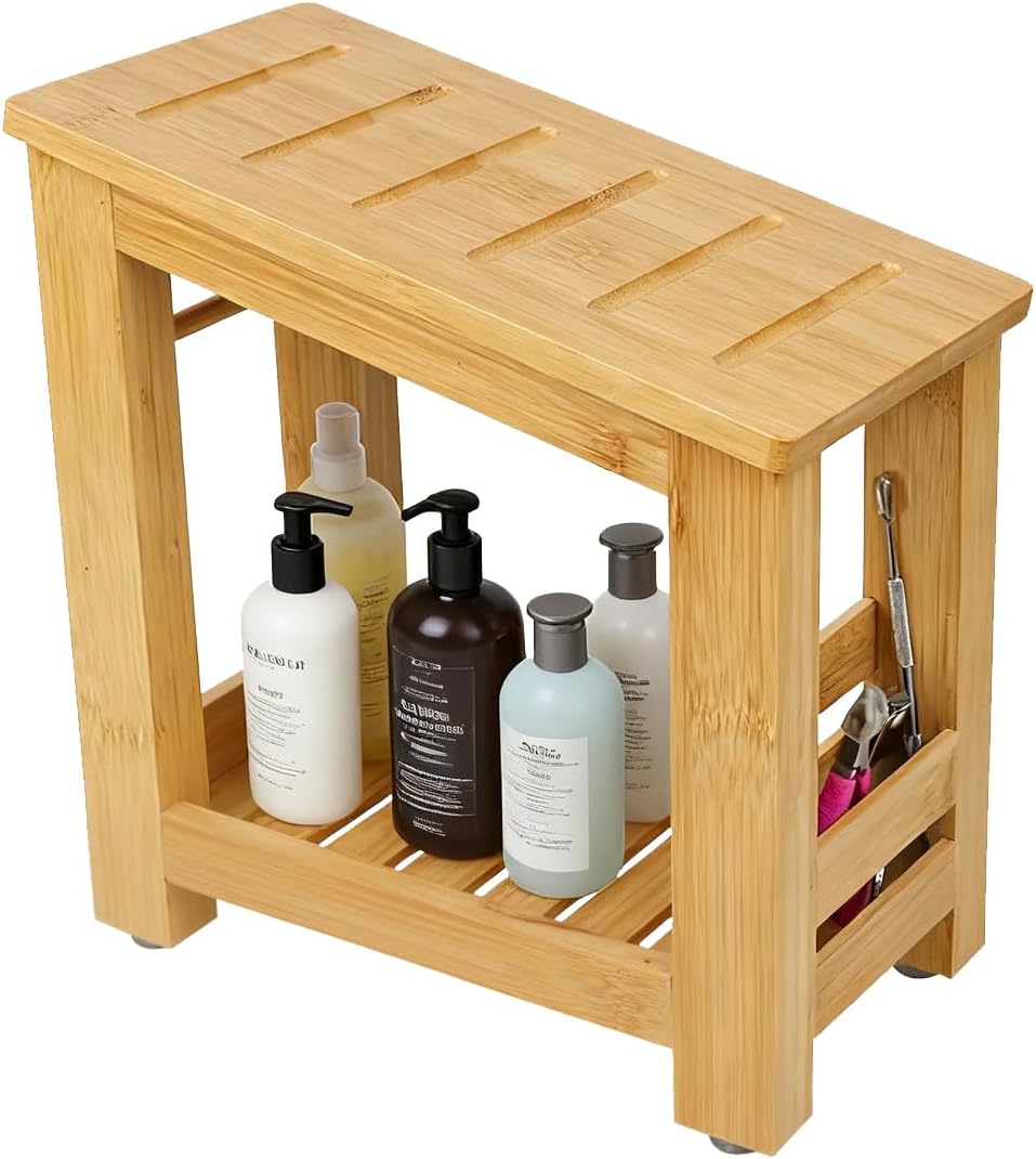 Shower Foot Rest, Small Bamboo Foot Stool with Storage Shelf, Shower Stool for Shaving Legs, No Assembly Required, Natural (Bamboo)