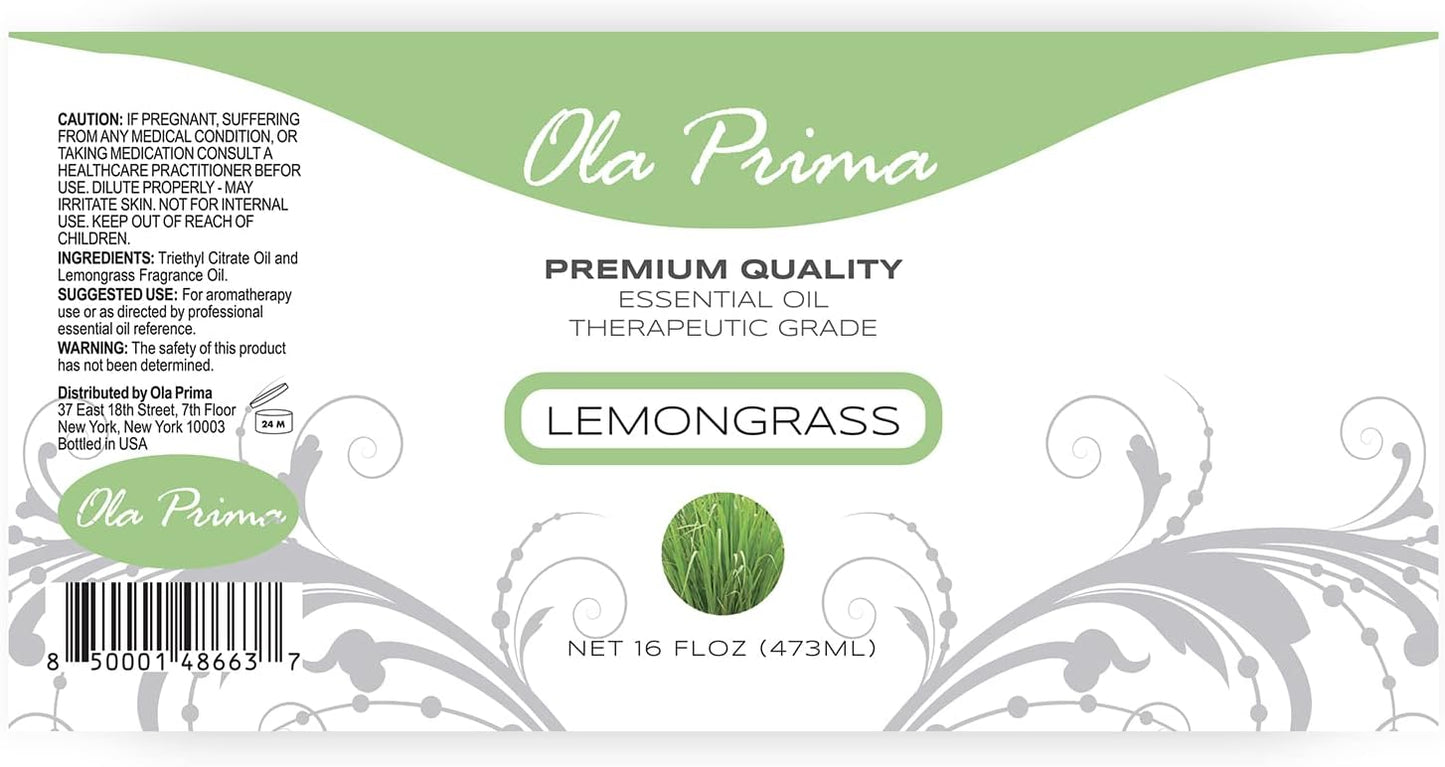 Ola Prima Lemongrass Essential Oil for Aromatherapy, Diffuser, Cleaning, Skin, Hair Health, Relaxation, Soap & Candle Making (16oz Bulk)