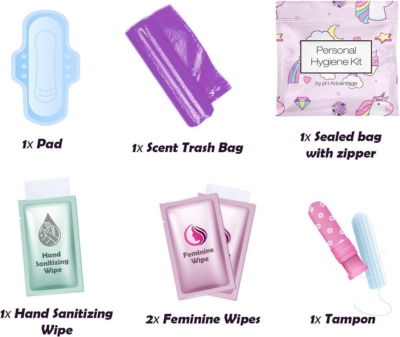 Menstrual Kit All-in-One 10 Pack | Convenience on The Go | Period Kit Pack for Travelling, Tweens & Teenager | Individually Wrapped Feminine Hygiene Product (Rainbows and Unicorns)