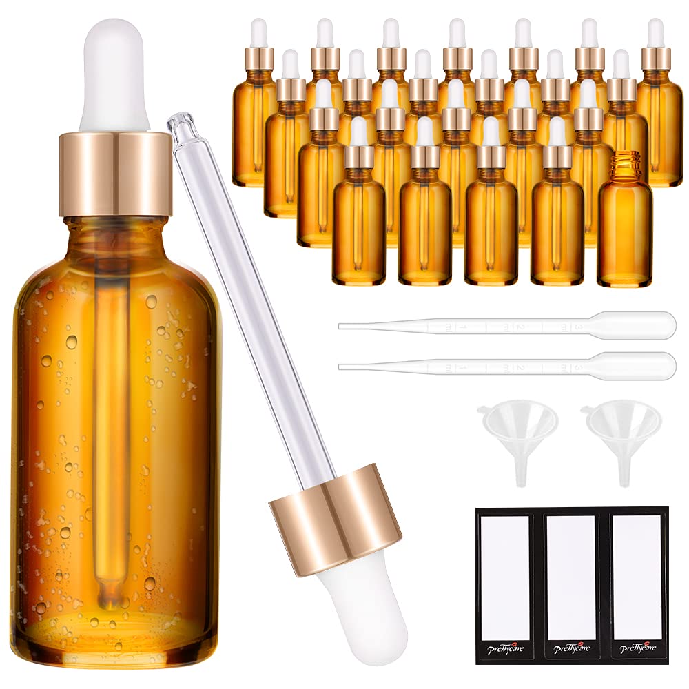 PrettyCare 1oz Glass Dropper Bottle Set of 24, Thick Amber Empty Bottles with Leakproof Golden Caps, Labels, Funnels - 30ml Eye Dropper Bottles for Storage, Essential Oils, Tincture