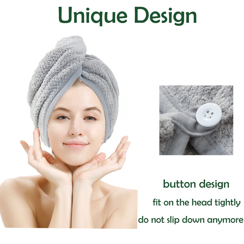 2 Pack Hair Towel Wrap,Absobent Hair Drying Towel with Buttons, Microfiber Hair Towel Wrap to Dry Hair Quickly (Beige&Gray)