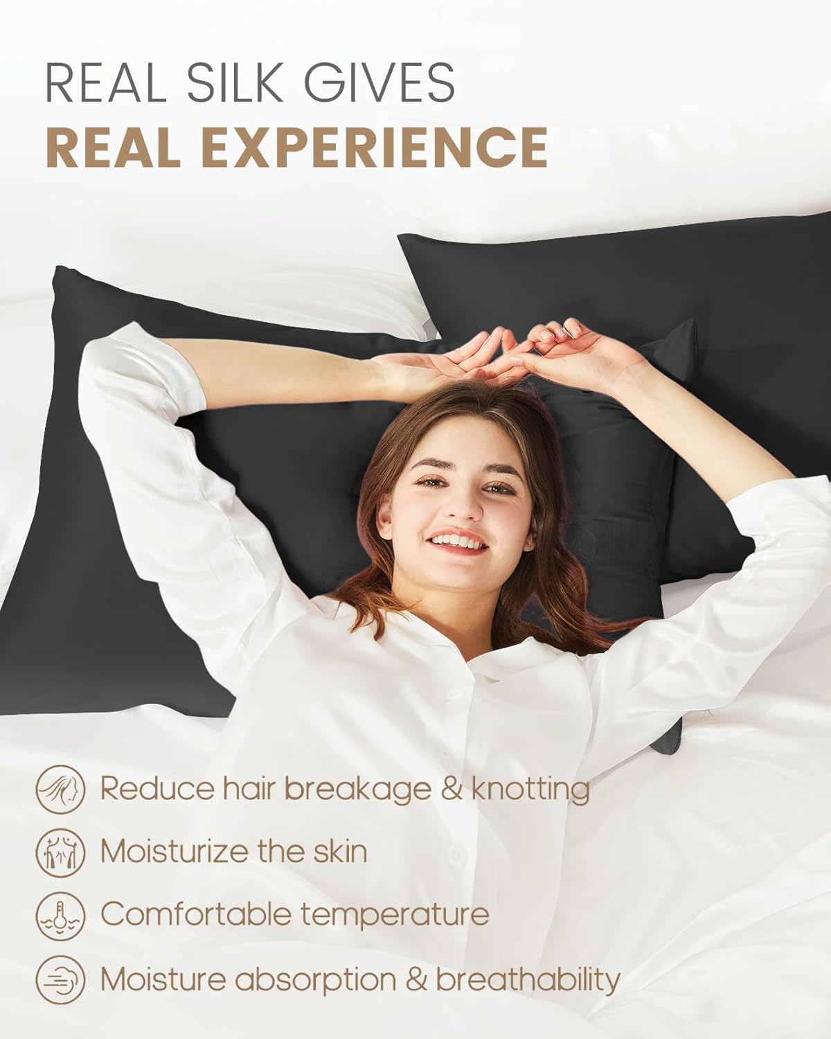 THXSILK Set of 2 Pure Mulberry Silk Pillowcases for Hair and Skin - Allergen Resistant Dual Sides, 19 Momme Silk Bed Pillow Cases with Hidden Zipper, Standard Size Silk Pillowcase(20"x26"), Black