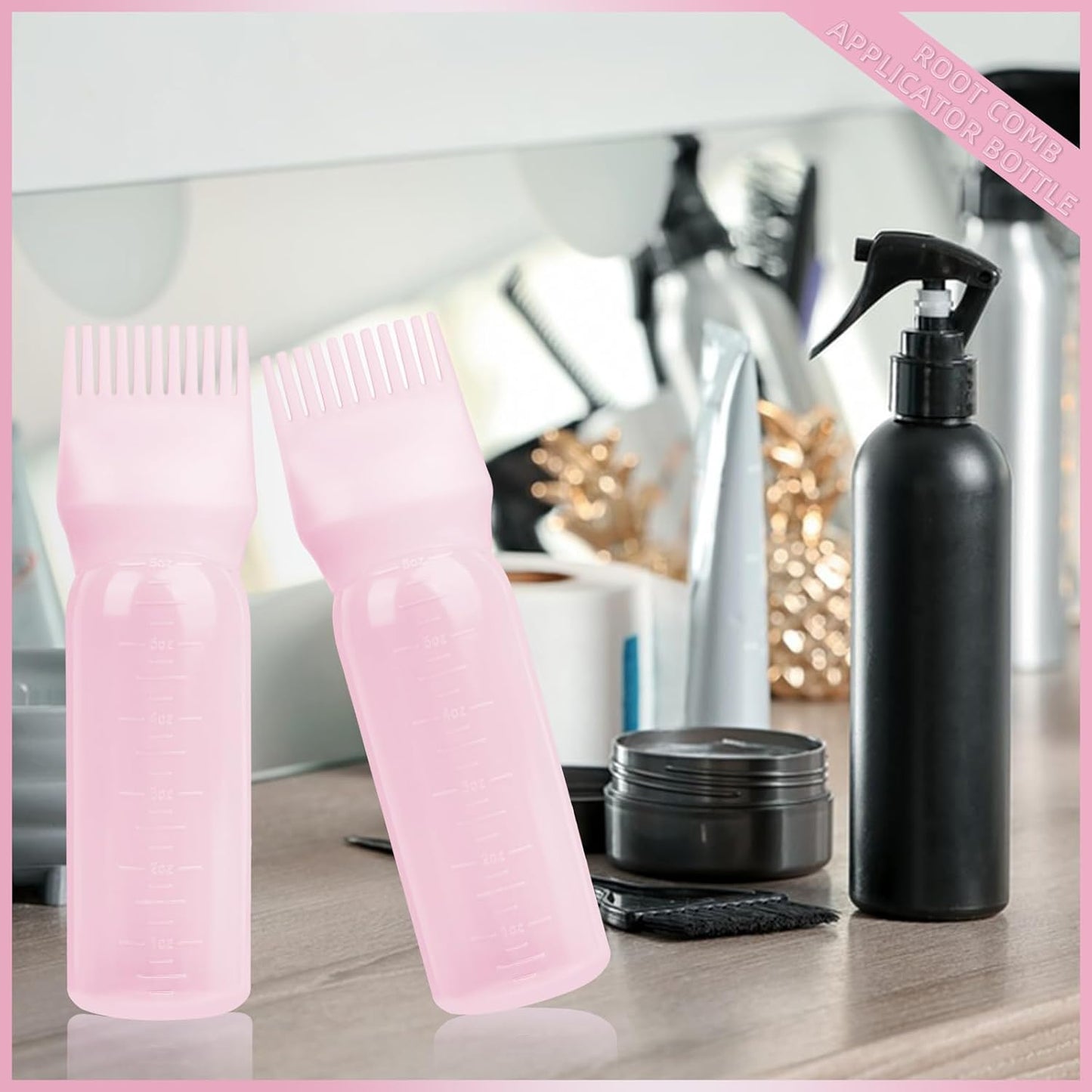 BLAAROOM Root Comb Applicator Bottle 6 Ounce, 4 Pack Hair Oil Applicator Bottle, Hair Dye Bottle Applicator Tools with Hair Oil Dispenser Root Comb Brush for Scalp Hair Oiling Applicator - Pink