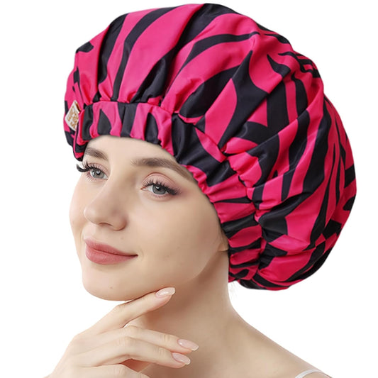Years Calm Shower Caps for Women Reusable Waterproof, Double-Layer Extra Large Elastic Hair Cap for Shower for Long Hair & Braids, Travel & Home (Pink)