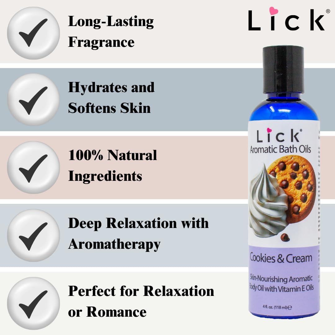 LICK Cookies and Cream Aromatic Bath Oil - Natural Sweet Almond, Vitamin E & Jojoba Oils for Luxurious Experience for Women. Moisturizes Dry Skin, 12 Enchanting Aromas, Made in USA 4 fl oz