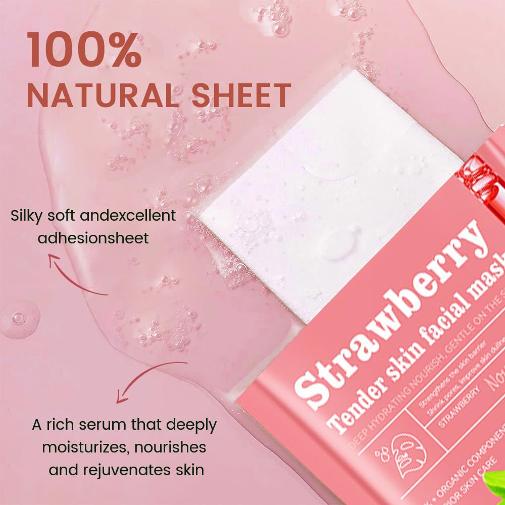 8 Pack Strawberry Kids Face Mask,Pink Face Masks Skincare Spa Day Kit Supplies,Spa Party Favors for Teens Girls Women,Sheet Facial Mask Skincare Gifts Set,Moisturize Soothe for All Skin Types