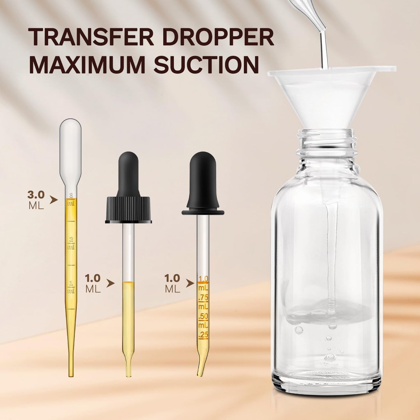 Bumobum 48 Pcs, 2 oz Clear Glass Dropper Bottle with 4 Extra Glass Dropper, 1 Funnel, 1 Pipette, 80 Labels, 60ml Travel Bottles for Essential Oils, Perfume, Hair Oil, Liquids - Leakproof