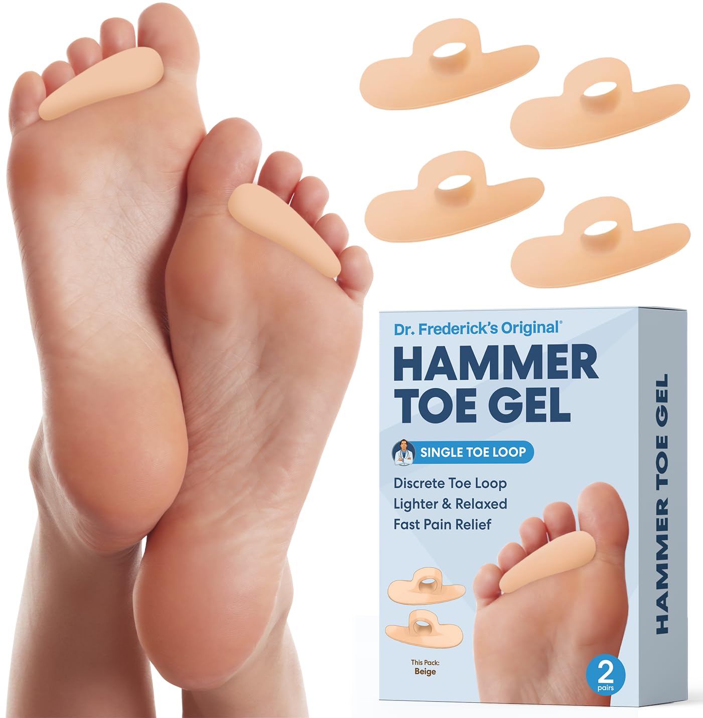 Dr. Frederick's Original Hammer Toe Gels - 2 Pairs - All-Day Relief for Crooked & Overlapping Toes - Soft Cushioning - Symptomatic Support for Toe Alignment - Beige - 1 Loop Design