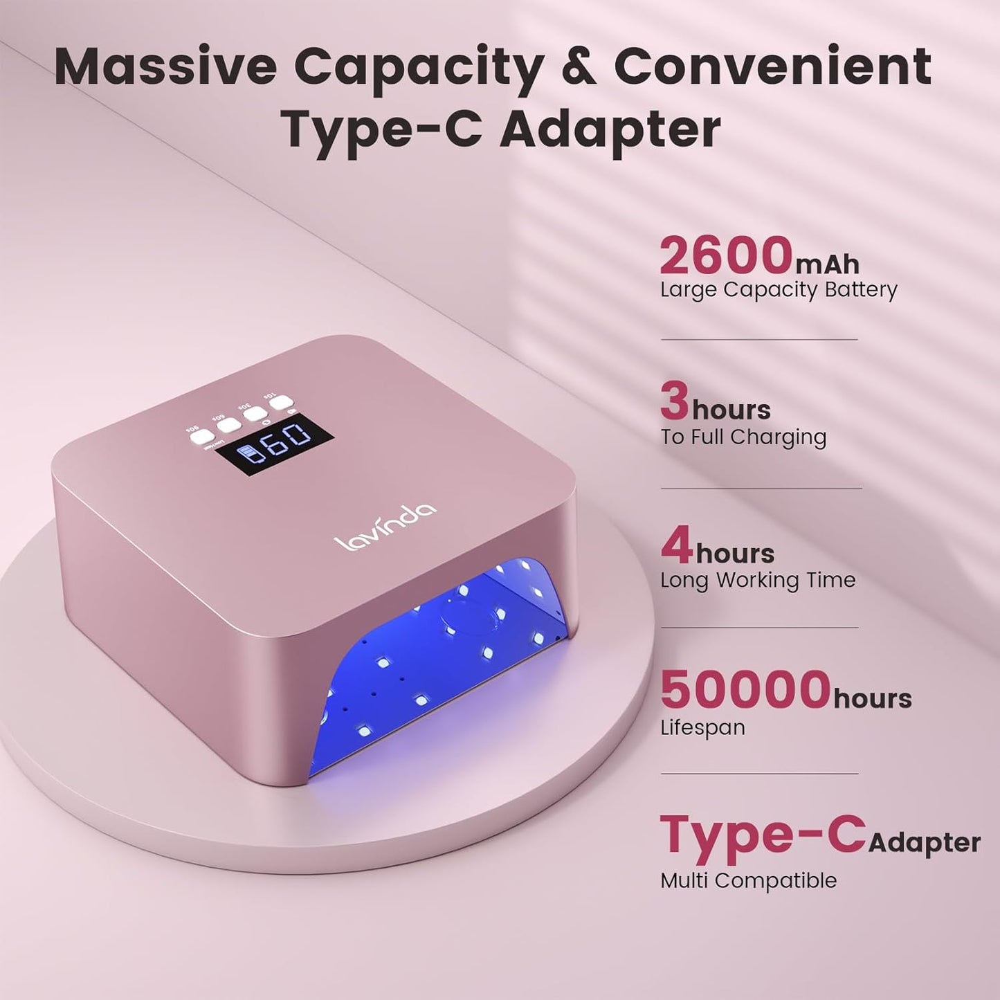 Lavinda 48W UV Nail Lamp, Rechargeable Cordless UV Light for Gel Nails LED Nail Dryer with Auto Sensor, 4 Timer Settings & LCD Display, Fast Curing Light All Gel Polish for Home&Salon (Rose Gold X7)