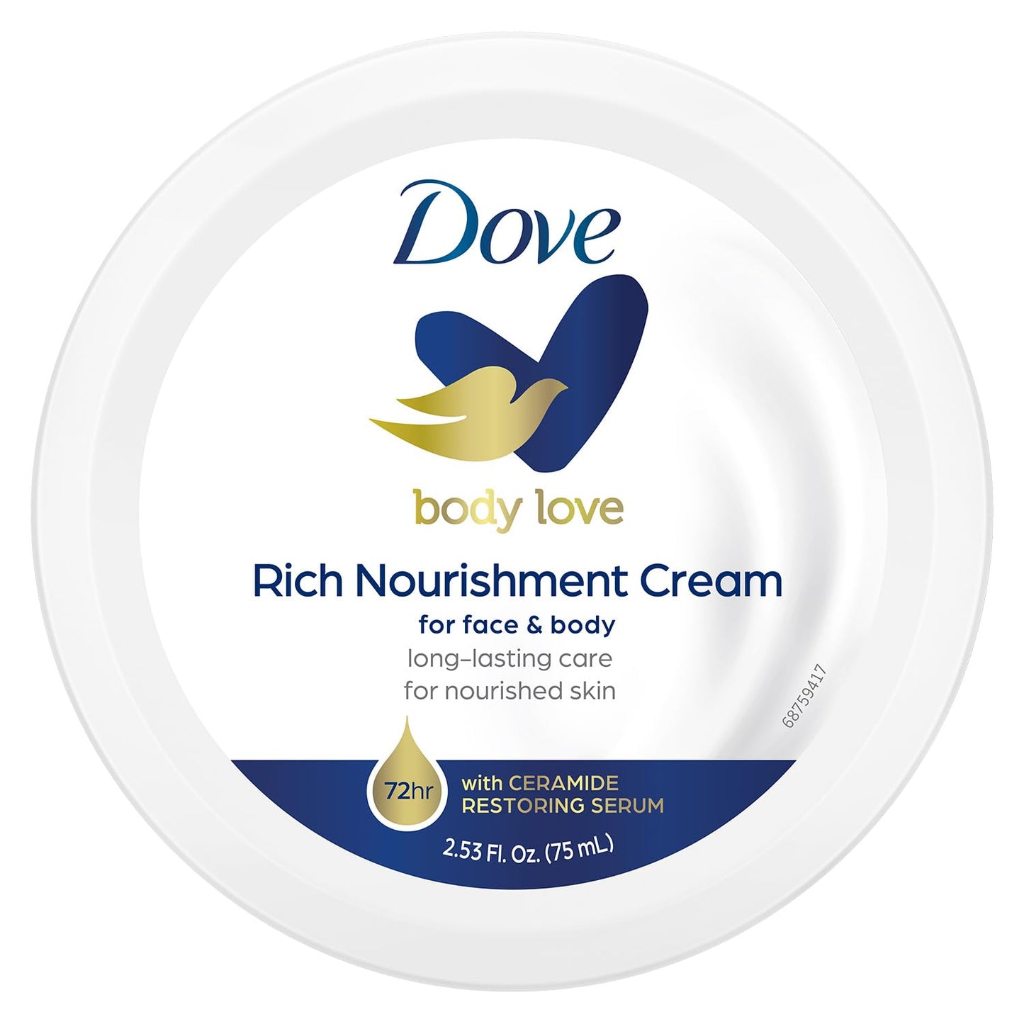 Dove Body Love Rich Nourishment Cream, Face, Hand & Body Lotion for Extremely Dry Skin, Fast-Absorbing 72-Hour Moisturizing Cream with Ceramide Serum, Travel Size, 2.53 Oz