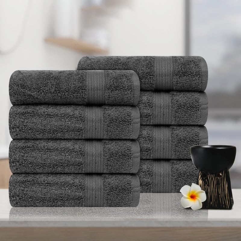 Ample Decor Hand Towel 18 X 28 Inch Pack of 8 600 GSM 100% Cotton,Oeko Tex Certified Soft Absorbent Thick Durable Premium Quality, for Hotel, Bathroom, Spa, Daily Use,Gym -Machine Washable -Grey