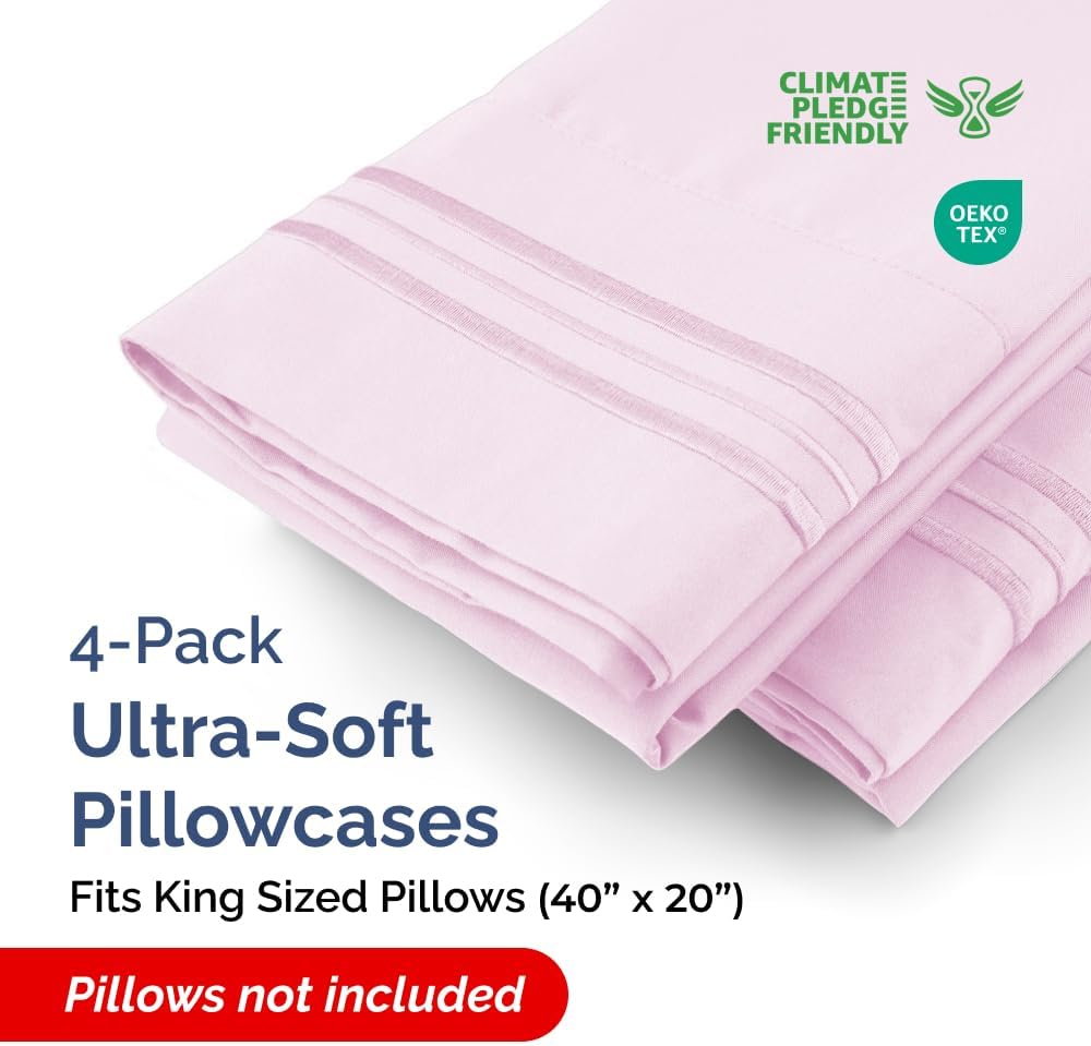 King Pillow Cases Set of 4 - Ultra Soft Hotel Quality Pillowcase Covers - Comfy, Cozy & Wrinkle Free - Shrinkage, Stain & Fade Resistant - Machine Washable Pillow Protectors - 4 Piece Set - Light Pink