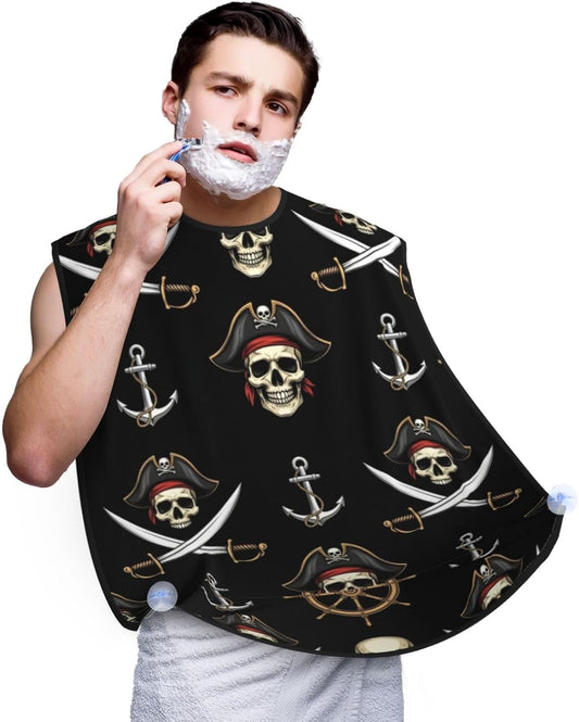 Beard Bib with 3 Suction Cups, Non-Stick Waterproof Hair Catcher Apron, Men's Shaving Essential for Grooming, Nautical Anchor Pirate Skulls Shave Bib