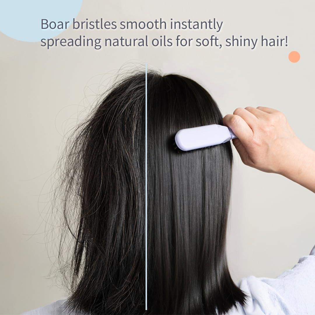 Uffy MiniPop Travel Hair Brush – Mini Folding Boar Bristles for Women, Men & Kids | Kid-Friendly Compact Comb for Wet & Dry Hair, Curly or Straight | Pocket-Size Detangler - Lemonade on Baby Blue