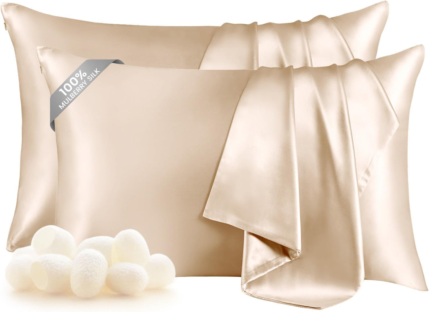 THXSILK Set of 2 100% Mulberry Silk Pillowcases for Hair and Skin, Grade 6A+ Mulberry Silk Pillow Cases 19 Momme, Hypoallergenic Pillow Case Cover with Zipper (Queen 20"x30", Beige)
