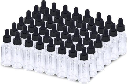 2 oz Dropper Bottle 48 Pack Clear Glass Boston Bottles 60ml with Eye Droppers Black Caps for Essential Oils, Perfume, Leak Proof Travel Bottles for Liquids