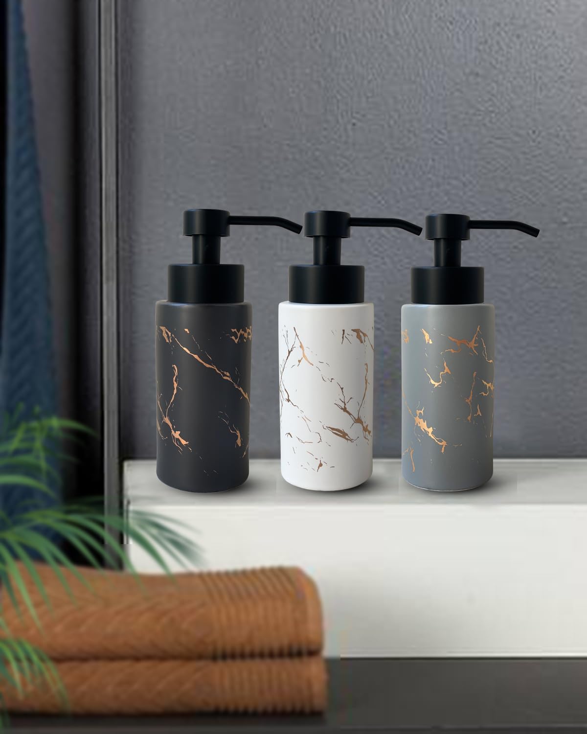 9.5 Oz Foaming Soap Dispenser for Bathroom,Kitchen Foam Soap Dispenser,Refillable Modern Foam Pump Bottle,Black Ceramic Foaming Hand Pump Dispenser (Black Marble)