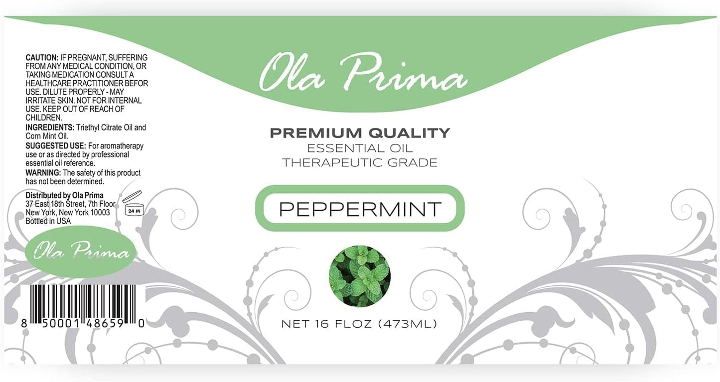 Ola Prima Peppermint Essential Oil Therapeutic Grade 16 oz for Aromatherapy, Diffuser, Cleaning, Lotions, Creams, Bath Bombs, Scrubs, Candles