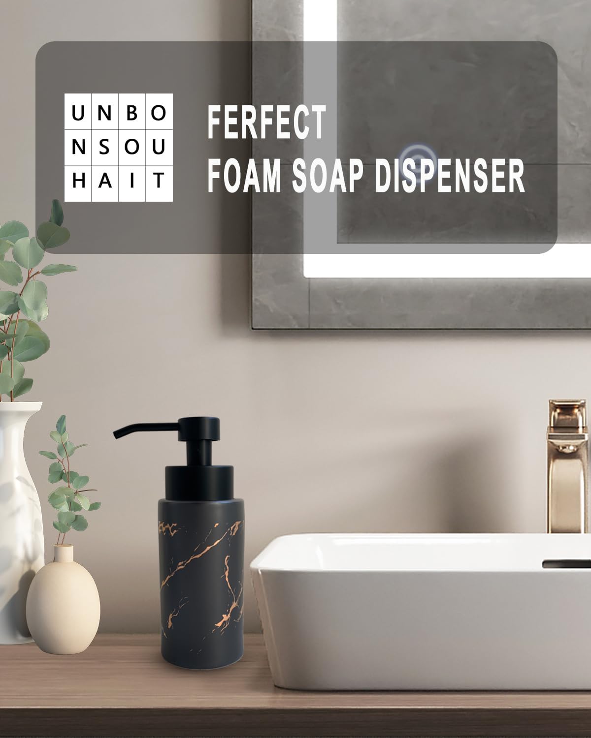 9.5 Oz Foaming Soap Dispenser for Bathroom,Kitchen Foam Soap Dispenser,Refillable Modern Foam Pump Bottle,Black Ceramic Foaming Hand Pump Dispenser (Black Marble)