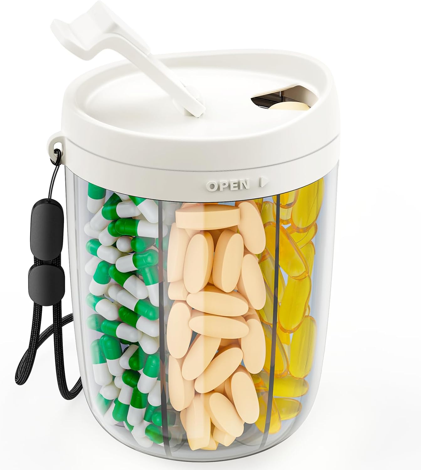 PULIV Large Supplement Organizer Bottle, Holds Plenty of 6 Various Vitamins in 1 Pill Dispenser with Anti-Mixing & Wide Openings Design, Easy to Retrieve Meds, Includes 20 Pcs Stick-on Labels White