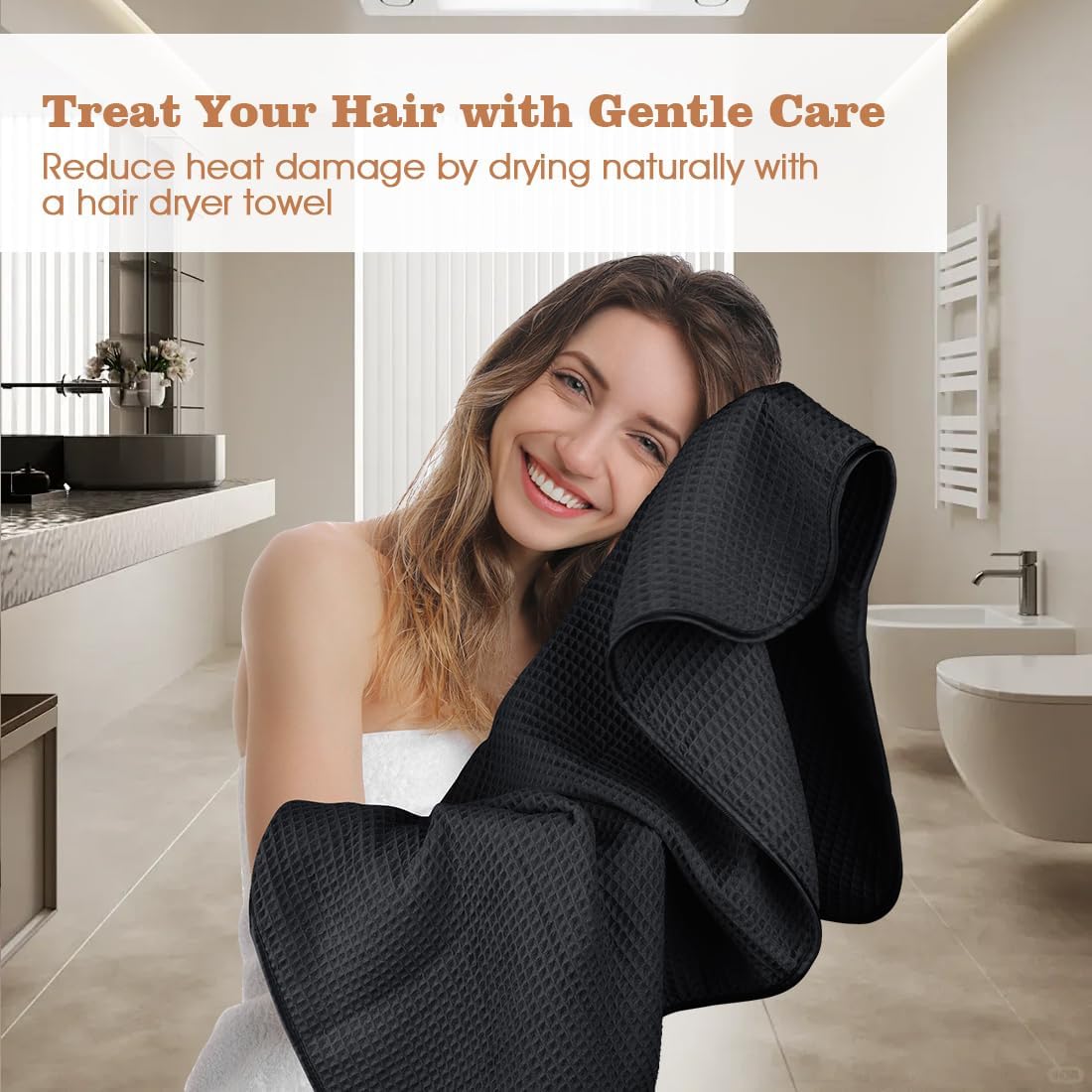 GLIMGLINT 2 Pack Large Microfiber Hair Towel Wrap for Women, Super Soft Hair Drying Towel, Fast Drying Waffle Hair Towel Wrap with Elastic Strap 40"X26.5" (Black)