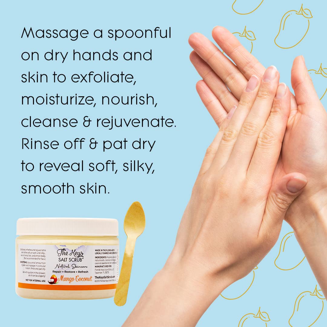 The Keys Salt Scrub -Sea Salt Scrub - Exfoliating Body Scrub with Wooden Spoon - Moisturizing Exfoliator for Hands, Foot, Bath, (12 Ounce (Pack of 1), Mango Coconut)