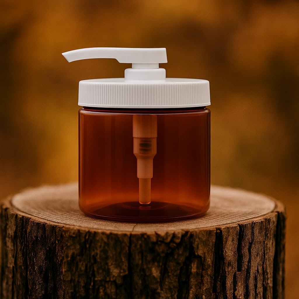 Royal Massage 16oz Refillable Pump Jar with Locking Dip Tube Dispenser – BPA-Free Plastic Container for Massage Oils, Lotions, Creams – Ribbed Lid Wide-Mouth Jar – Durable & Reusable (2, Amber/White)