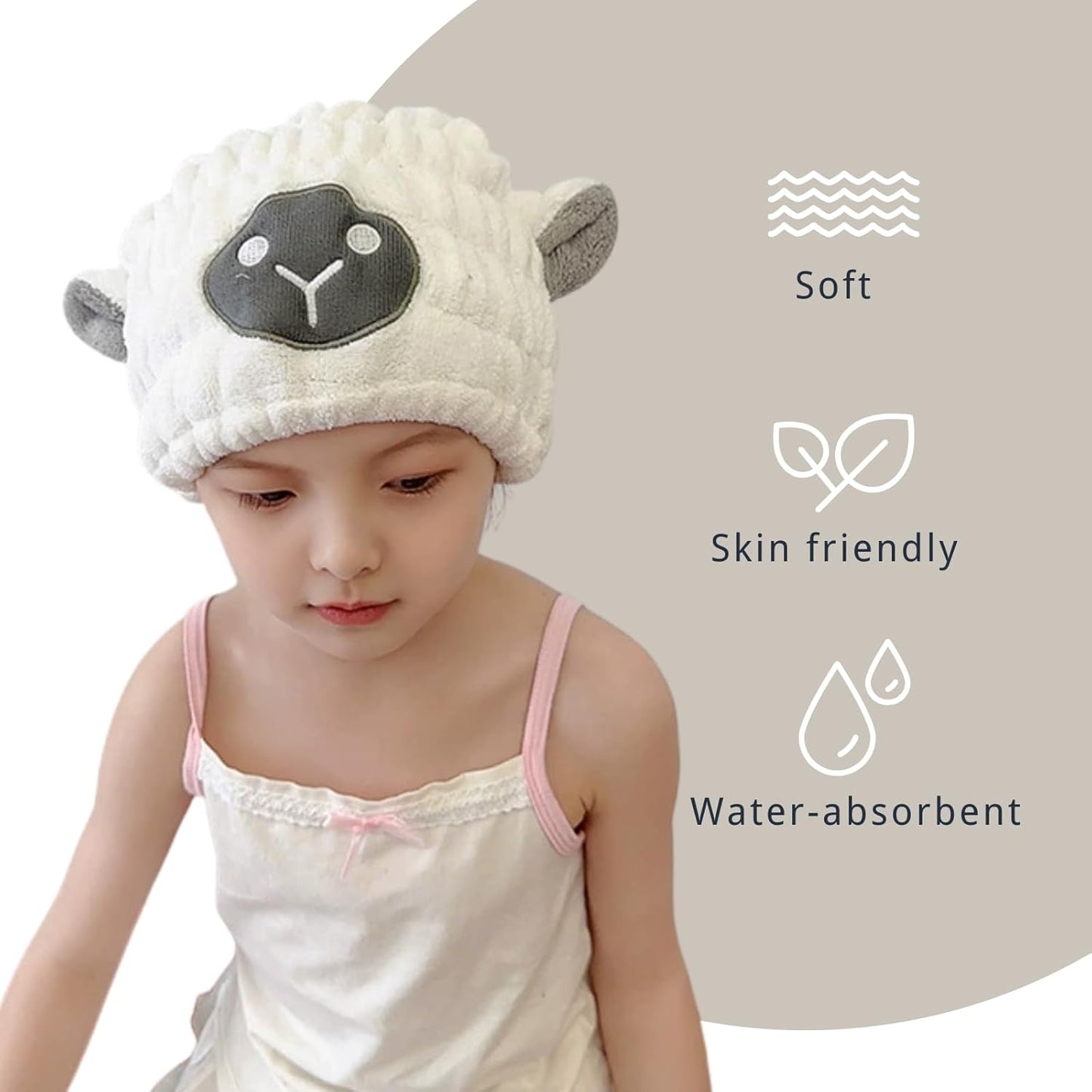 Microfiber Hair Towel Wrap for Kids, White Sheep Dry Hair Cap Suck Water, Absorbent Quick Girls Boys Hair Drying Towel, Lightweight Bouncy Hat Headscarf