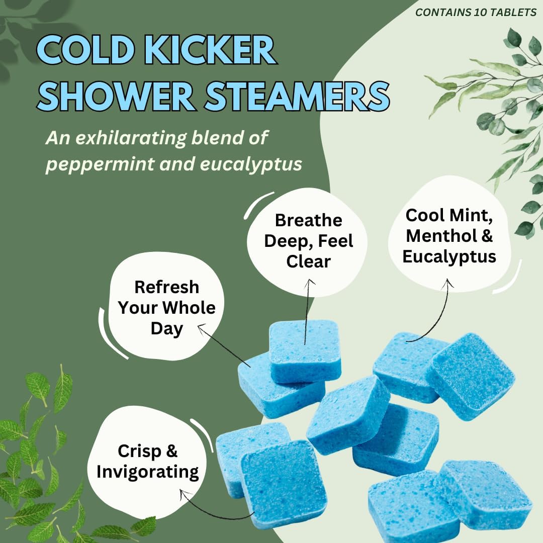 Cold Kicker Shower Steamers Aromatherapy for Sinus Relief - USA Made - Peppermint & Eucalyptus Shower Bomb Tablets – Self Care Gifts for Women and Men – Soothing Natural Essential Oils (10 Pack)