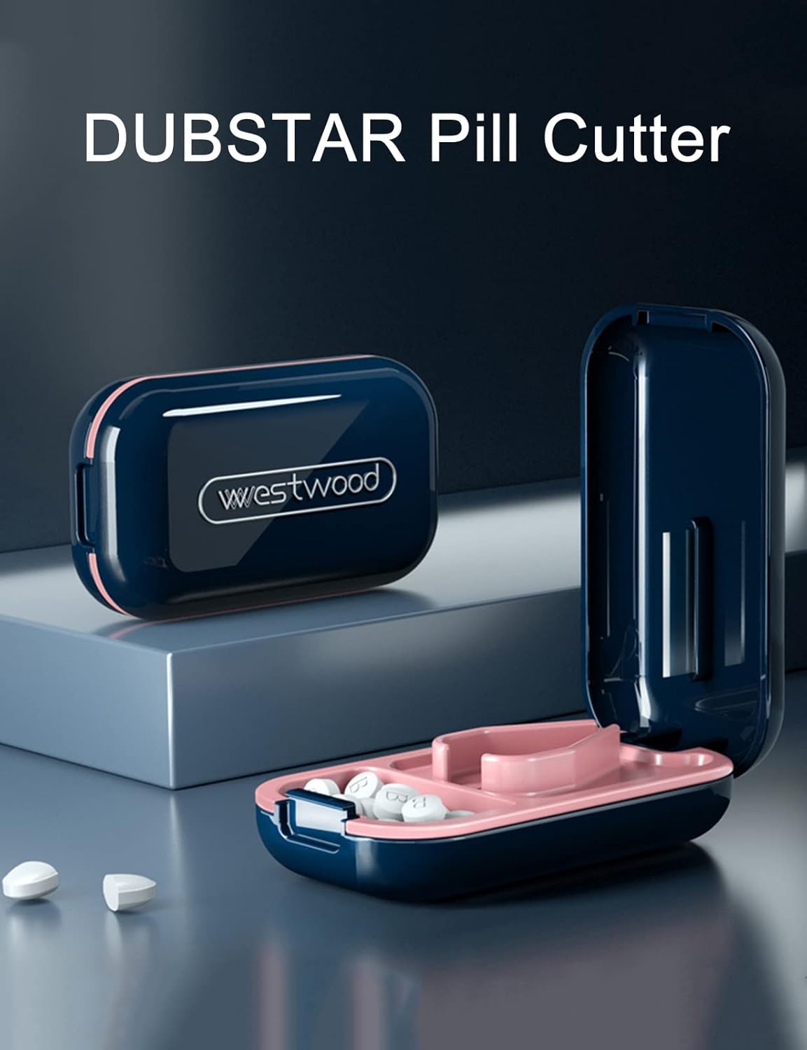 DUBSTAR Small Pill Cutter, Pill Cutter Splitter for Small and Tiny Pills, Portable Pretty Pill Cutters for Large Pills, Cuts Vitamins Tablets for Purse Pocket (2 PCS Pill Cutters, Blue+Pink)