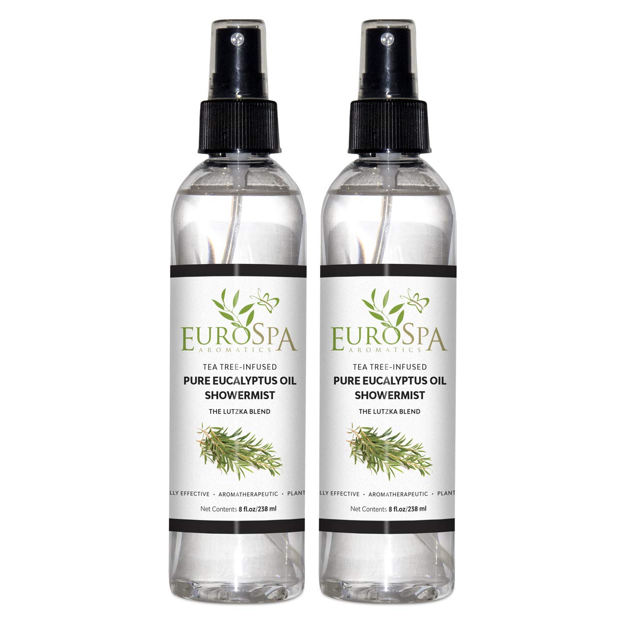 EuroSpa Aromatics Pure Eucalyptus Oil ShowerMist and Steam Room Spray, All-Natural Premium Aromatherapy Essential Oils - Tea Tree Infused, 8oz, 2 Pack