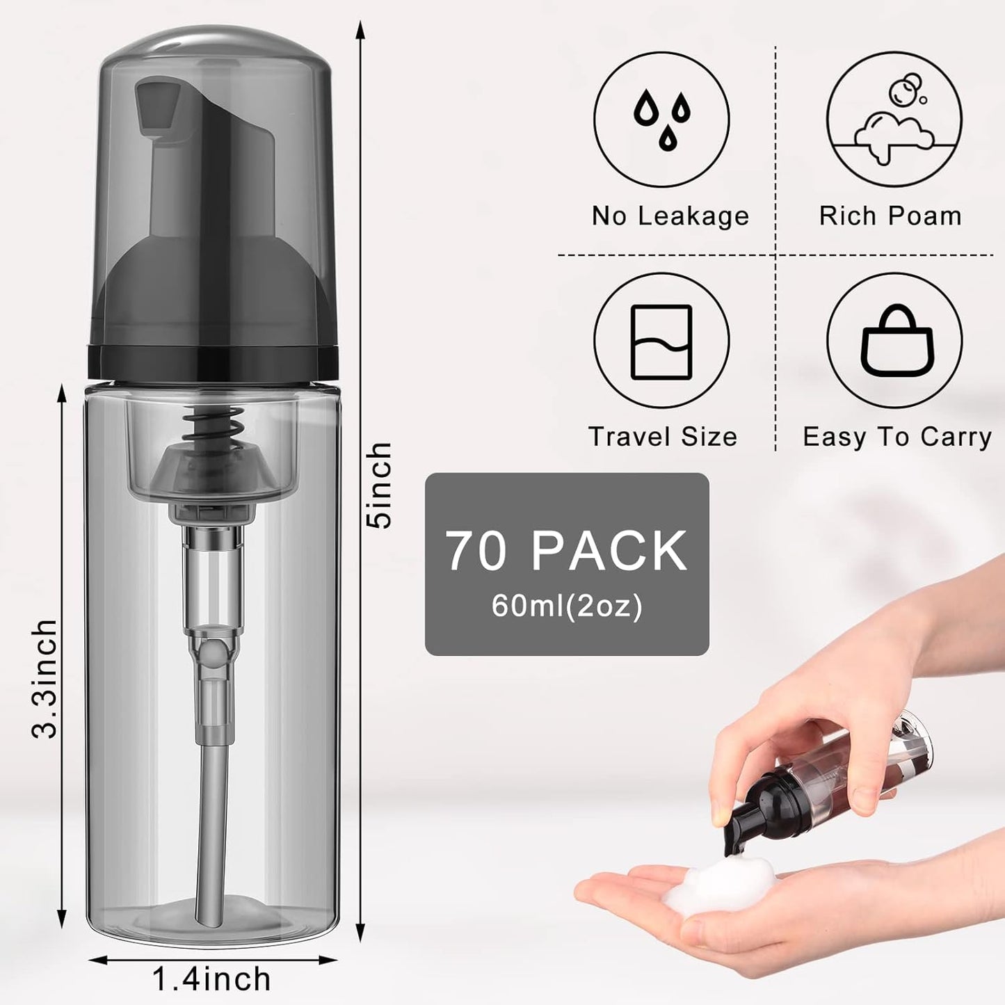 70 Pcs 2 oz Plastic Foam Soap Dispensers Refillable Lash Shampoo Bottles with Pump Mini Eyelash Cleaning Foam Bottle Dispenser for Refillable Travel Cosmetics (Gray)
