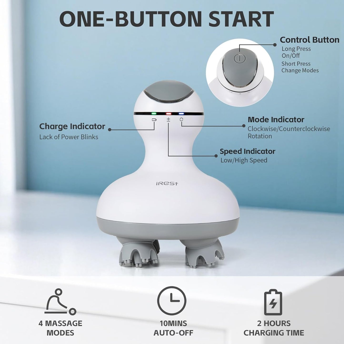 iRest Electric Hair Scalp Massager Rotating Waterproof with 4 Heads 84 Nodes,Handheld Portable Head Massager for Hair Growth,Full-Body Massage and Stress Relax