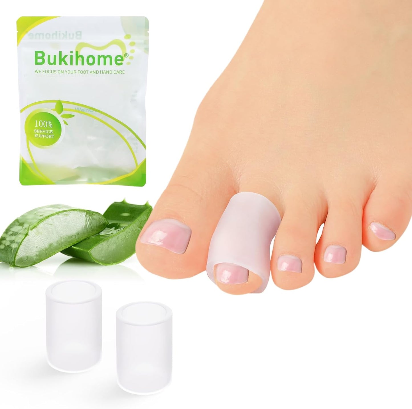 Bukihome Silicone Toe Protectors – 14 Pack Aloe Vera Extract Infused Silicone Toe Sleeve for Hammer Toes, Corns, Calluses, Blisters – Soft Gel Protector Toe Cushions for Pain Relief (Medium Size)