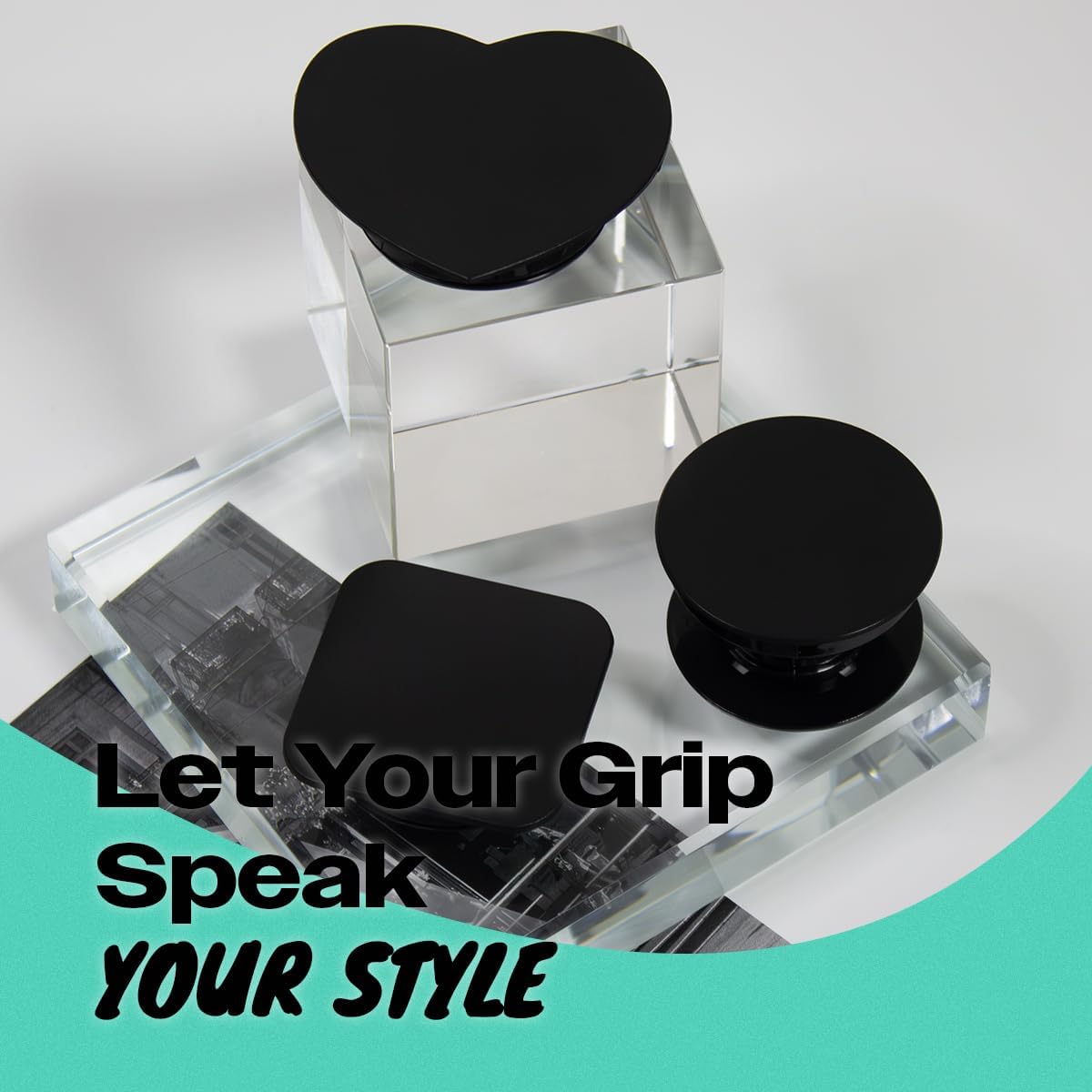 Matt Black Collapsible Phone Grip & Stand Sleek All-Black Design for Secure Hold & Stylish Look (Heart, Adhesive)