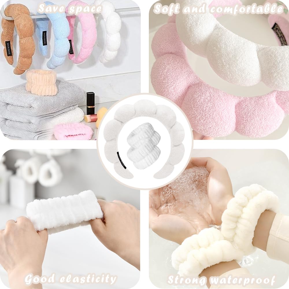 Spa Headbands for Washing Face Wristband Set Sponge Makeup Skincare Headband Wrist Towels Bubble Soft Terry Towel Cloth Hairband for Women Puffy Headwear Non Slip Thick Thin Hair Headwear (White)