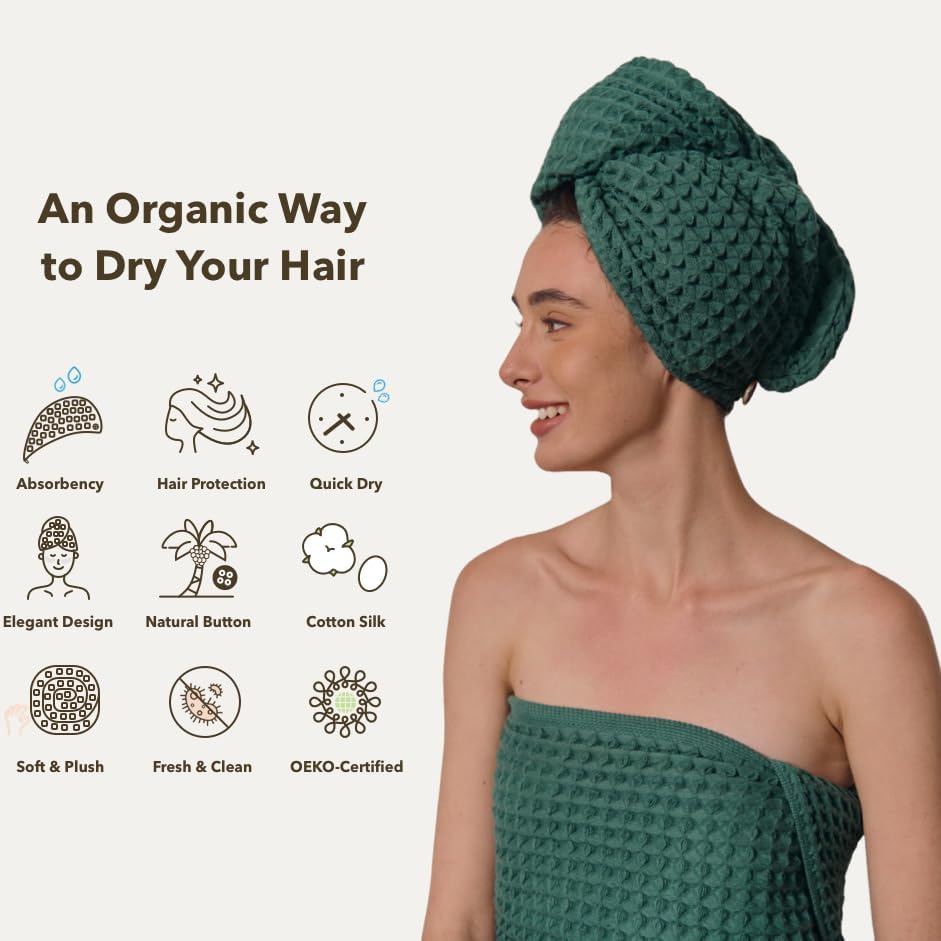 Hair Towel | 100% Cotton Silk Hair-Drying Waffle Wrap Turban for Women, Ultra-Absorbent, Anti Frizz, Hair Damage Protection for Straight and Curly Hair (Forest Green, 1 Pack)