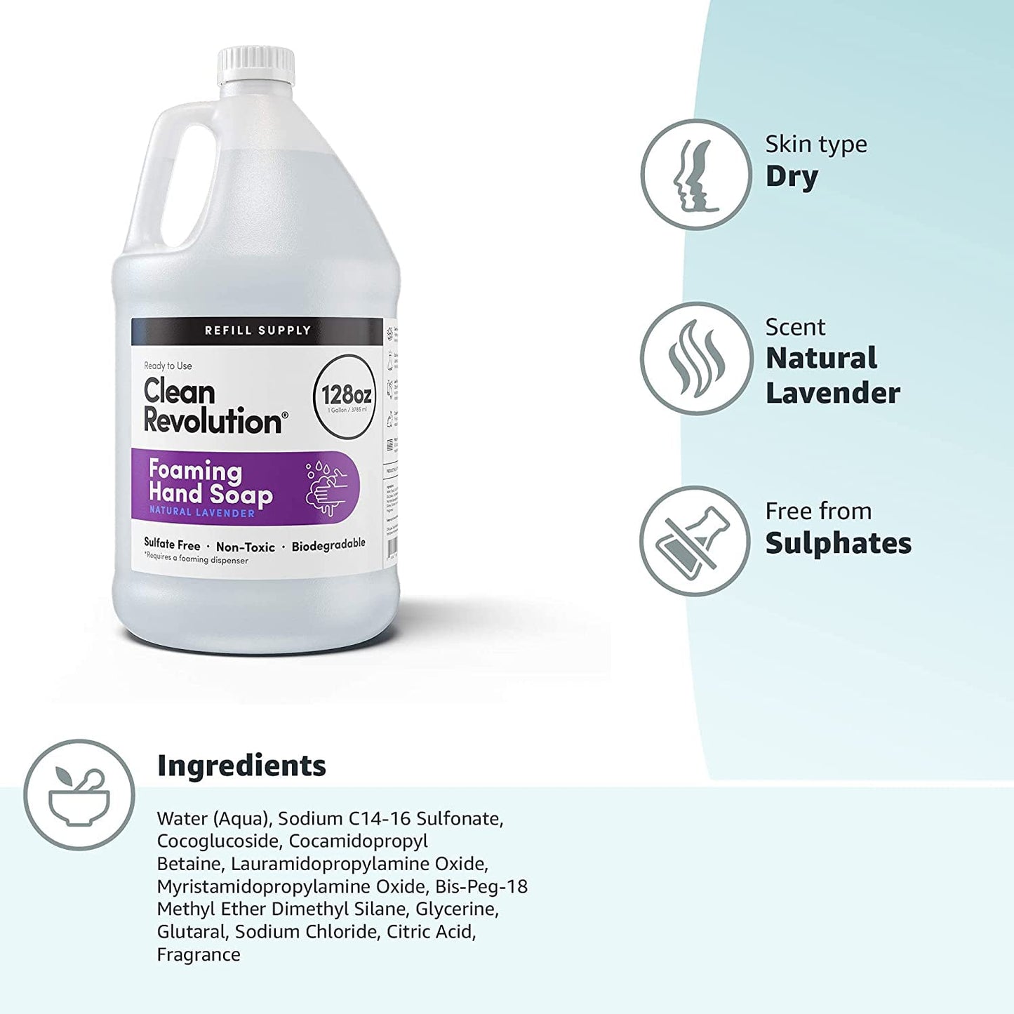 Clean Revolution Foaming Hand Soap Refill Supply Container. Ready to Use Formula. Natural Lavender Fragrance, 128 Fl. Oz