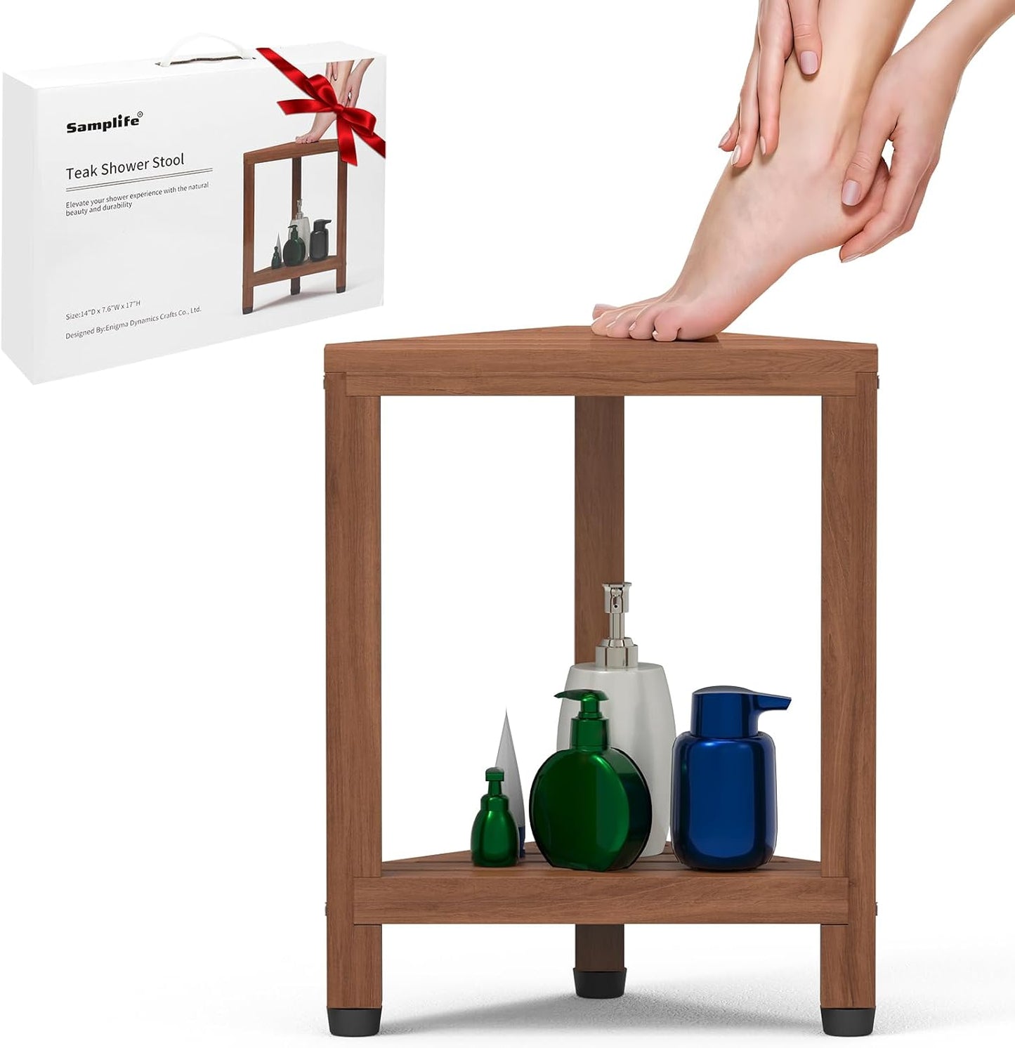 Samplife Corner Shower Stool for Shaving Legs, Teak Corner Shower Bench Stools for Inside Shower,Bathroom Shower Bench Seat Shower Foot Rest with Storage Shelf for Small Shower Spaces