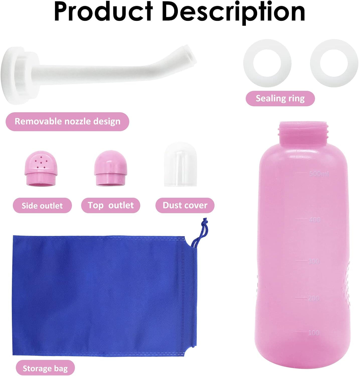 RUFCRIL Peri Bottle, Portable Travel Bidet with Bag, TPE Material Can Be Boiled, 17oz/500ml with 2 Sealing Rings,Essentials for Postpartum Perineal Care,Hemorrhoid Treatment,and Baby(Pink)