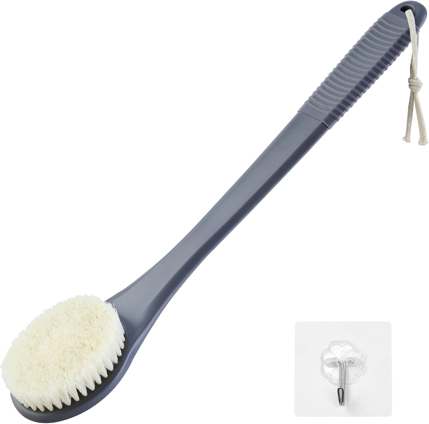 Back Scrubber for Shower, Shower Body Brush for Cleaning with Long Handle for Showering, 17 Inch Back Washer Exfoliator for Shower Men Women with Non-Slip Handle, Adhesive Hook (Gray)
