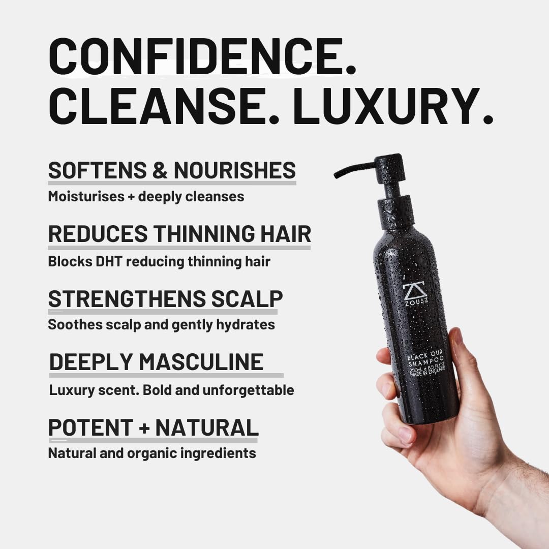 ZOUSZ Beard Shampoo For Men - Black Oud Cleansing, Vitalising and Nourishing Daily Beard Wash Containing Natural & Organic Ingredients + PRO-Vitamins - 250mL
