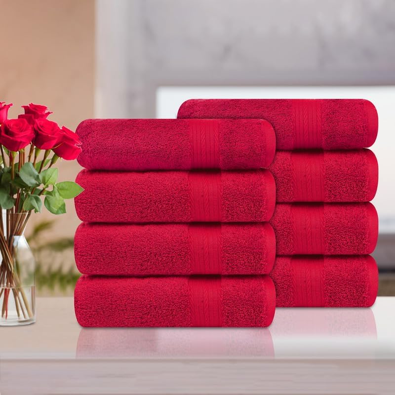 Ample Decor Hand Towel 18 X 28 Inch Pack of 8 600 GSM 100% Cotton, Soft Absorbent Premium Quality, for Hotel, Bathroom, Spa, Gym - Red