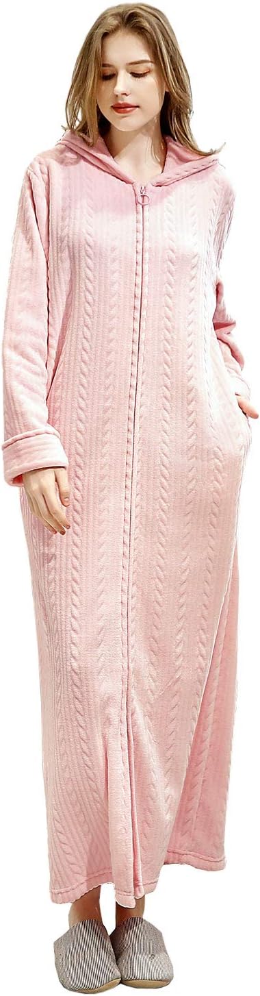 Hellomamma Long Hooded Zipper Bathrobe for Womens Flannel Fleece Robes Winter Warm Housecoat Nightgown Sleepwear Pajamas