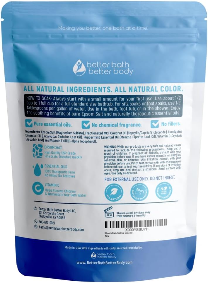 Muscle Soak Bath Salt 32 Ounces Epsom Salt with Natural Peppermint and Eucalyptus Essential Oils Plus Vitamin C in BPA Free Pouch with Easy Press-Lock Seal