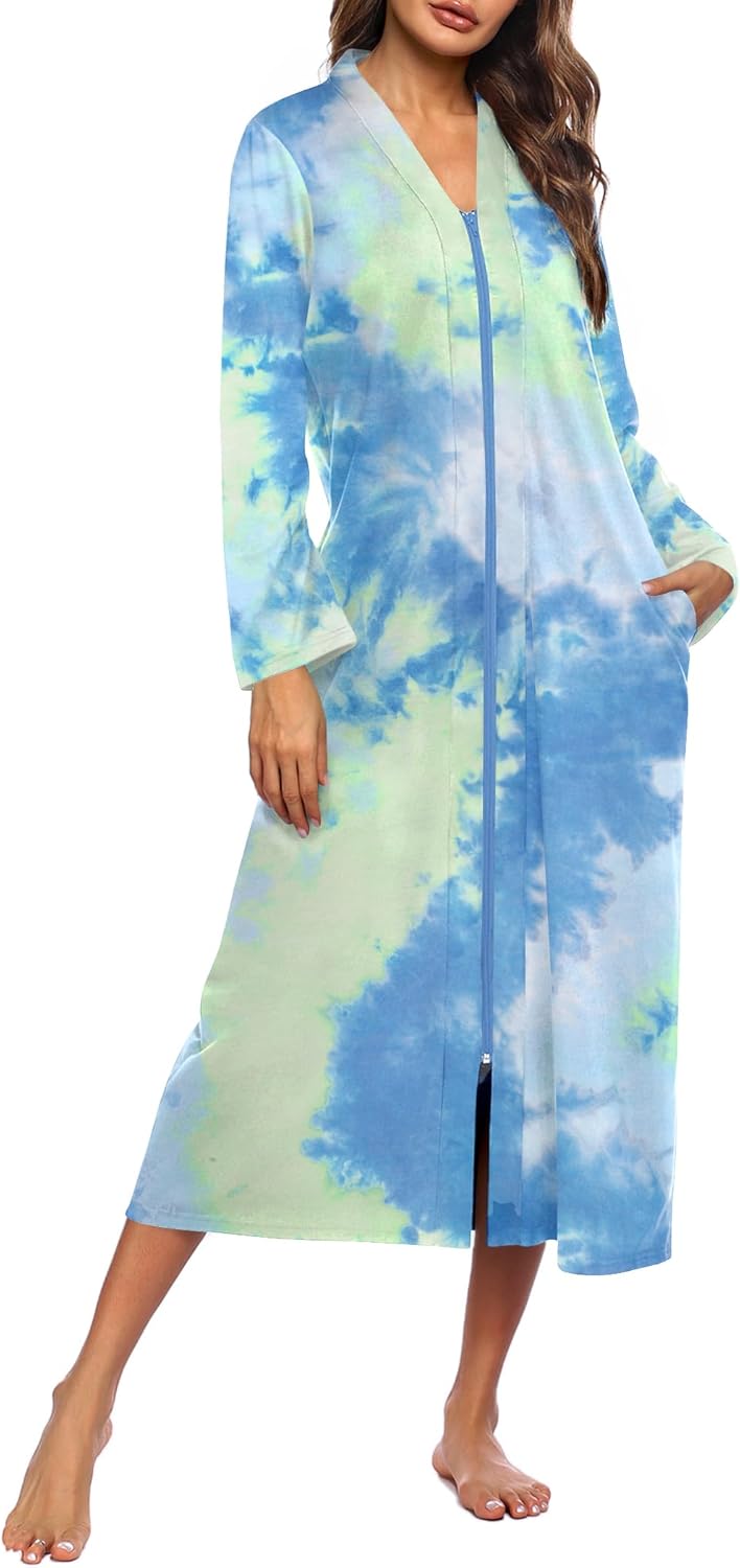 Ekouaer Women Zipper Robe Long Sleeve Loungewear Lightweight Housecoat Full Length Nightgown with Pockets