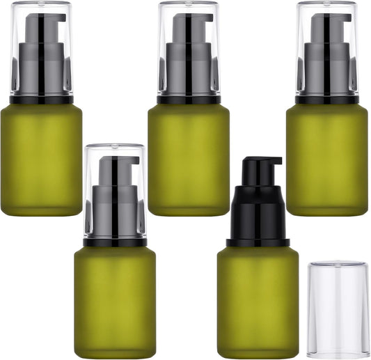 Segbeauty 1oz Frosted Glass Empty Travel Size Containers for Creams, 5pcs Refillable Lotion Pump Bottle Dispenser, 30ml Small Liquid Travel Containers, Green Mini Lotion Container Pump Dispensers