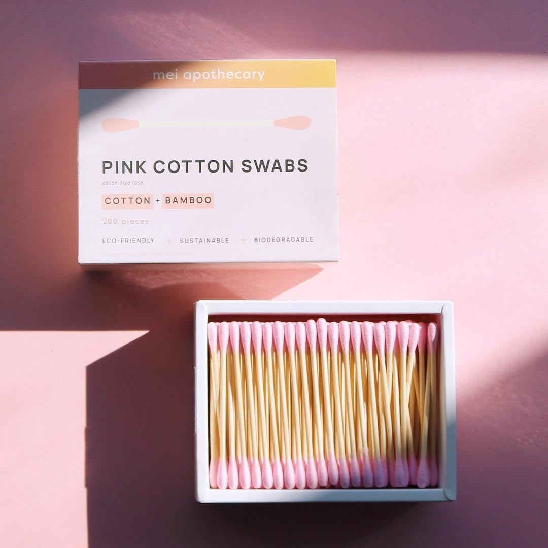 Mei Apothecary Premium Biodegradable Bamboo Cotton Swabs, Double-Tip Makeup Remover & Multi-Use Pink Cotton Buds, Pack of Multiple Pieces